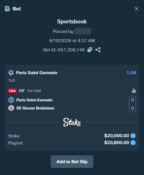 Bet slip: Paris Saint Germain - SK Slovan Bratislava, $20,000.00 stake at 1.04 odds, placed by Armo098