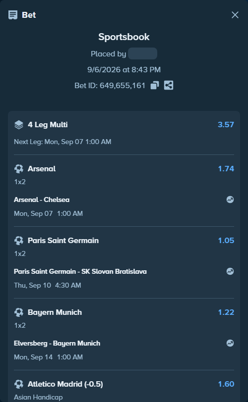Bet slip: Paris Saint Germain - SK Slovan Bratislava, $41,986.87 stake at 1.05 odds, placed by myprecious1