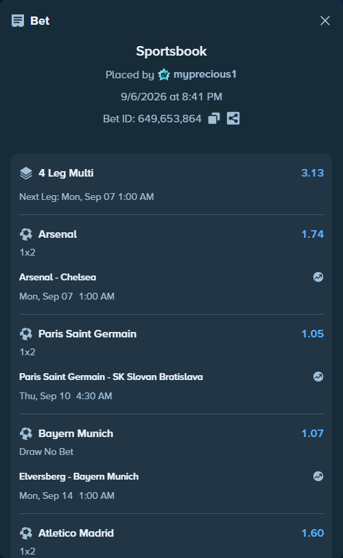 Bet slip: Paris Saint Germain - SK Slovan Bratislava, $67,335.93 stake at 1.05 odds, placed by myprecious1