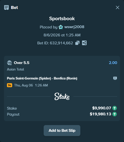 Bet slip: Paris Saint-Germain (Spider) - Benfica (Ronin), $10,000.06 stake at 2.00 odds, placed by wswrj2008