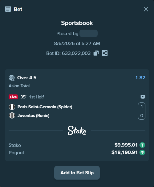 Bet slip: Paris Saint-Germain (Spider) - Juventus (Ronin), $10,005.00 stake at 1.82 odds, placed by wswrj2008