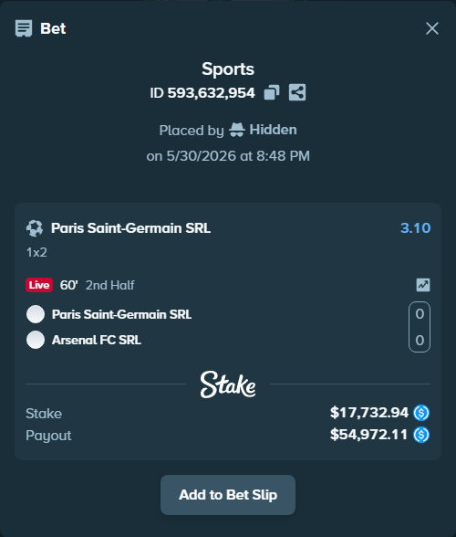 Bet slip: Paris Saint-Germain SRL - Arsenal FC SRL, $17,732.94 stake at 3.10 odds, placed by Hidden