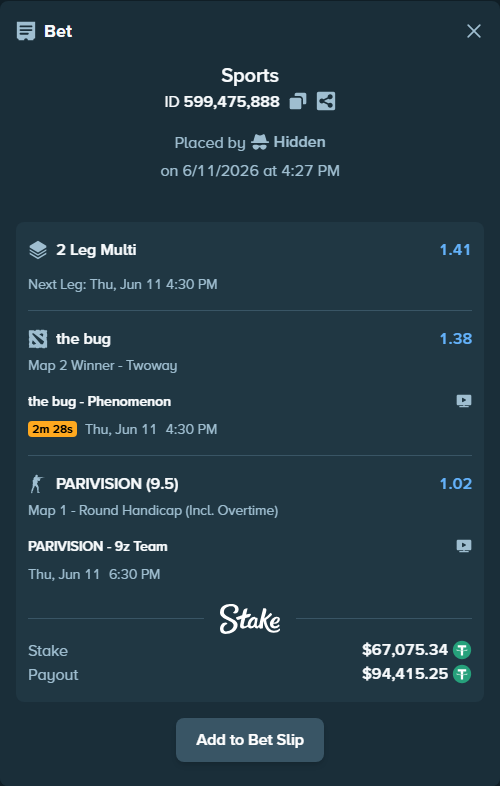 Bet slip: PARIVISION - 9z Team, $67,142.41 stake at 1.02 odds, placed by Hidden