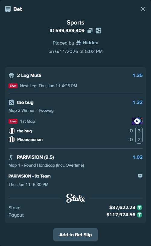 Bet slip: PARIVISION - 9z Team, $87,709.85 stake at 1.02 odds, placed by Hidden