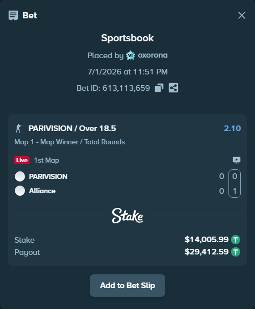 Bet slip: PARIVISION - Alliance, $14,020.00 stake at 2.10 odds, placed by oxorona