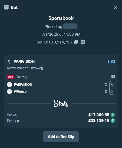 Bet slip: PARIVISION - Alliance, $17,387.22 stake at 1.62 odds, placed by kdanv