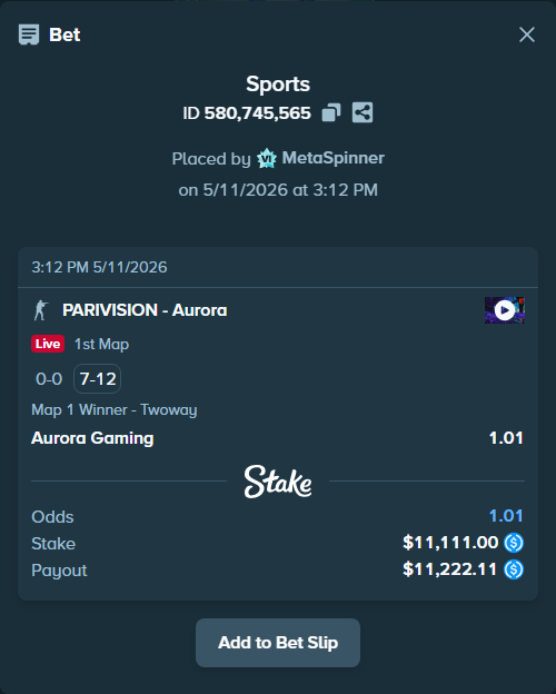 Bet slip: PARIVISION - Aurora Gaming, $11,111.00 stake at 1.01 odds, placed by MetaSpinner