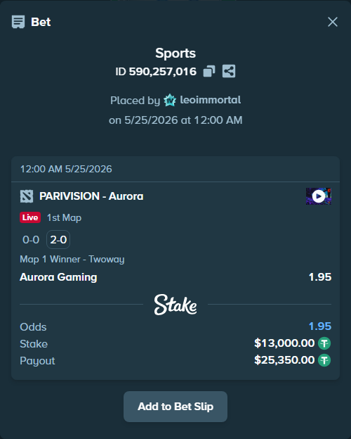 Bet slip: PARIVISION - Aurora Gaming, $13,000.00 stake at 1.95 odds, placed by leoimmortal