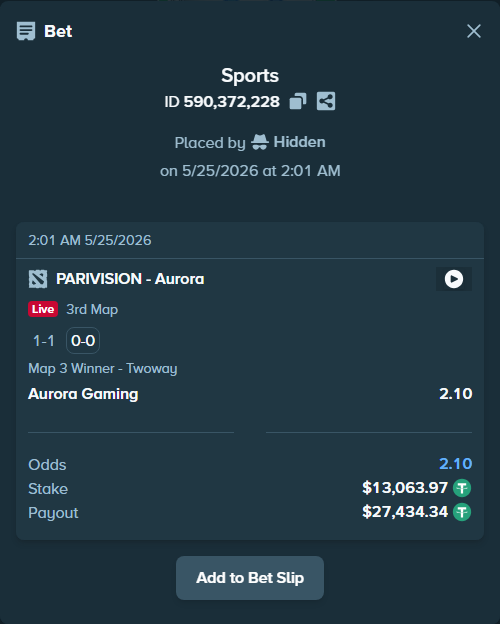 Bet slip: PARIVISION - Aurora Gaming, $13,063.97 stake at 2.10 odds, placed by Hanselwilliam1