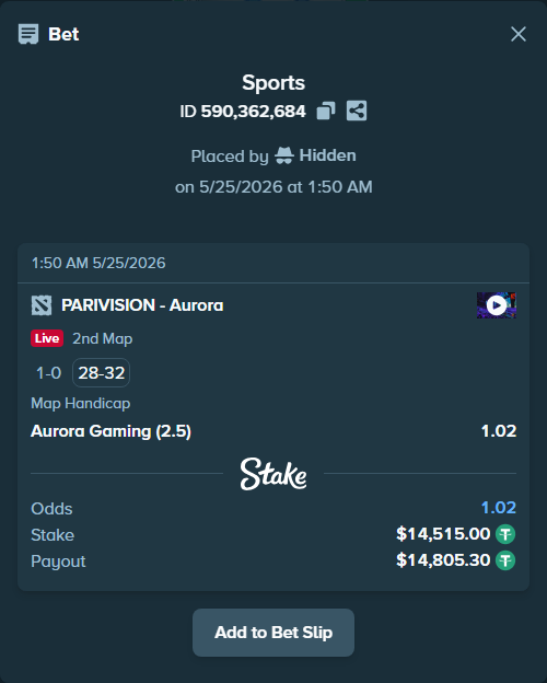 Bet slip: PARIVISION - Aurora Gaming, $14,515.00 stake at 1.02 odds, placed by Hidden