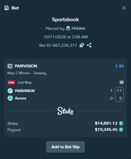 Bet slip: PARIVISION - Aurora Gaming, $14,896.00 stake at 1.30 odds, placed by Hanselwilliam1