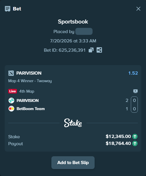 Bet slip: PARIVISION - BetBoom Team, $12,345.00 stake at 1.52 odds, placed by vkv474