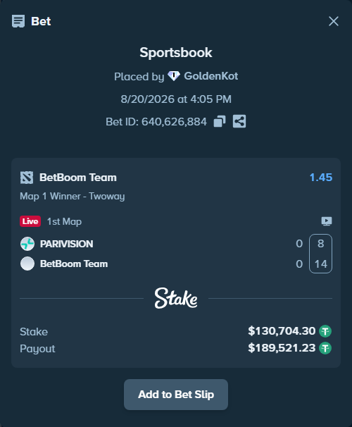 Bet slip: PARIVISION - BetBoom Team, $130,835.00 stake at 1.45 odds, placed by GoldenKot