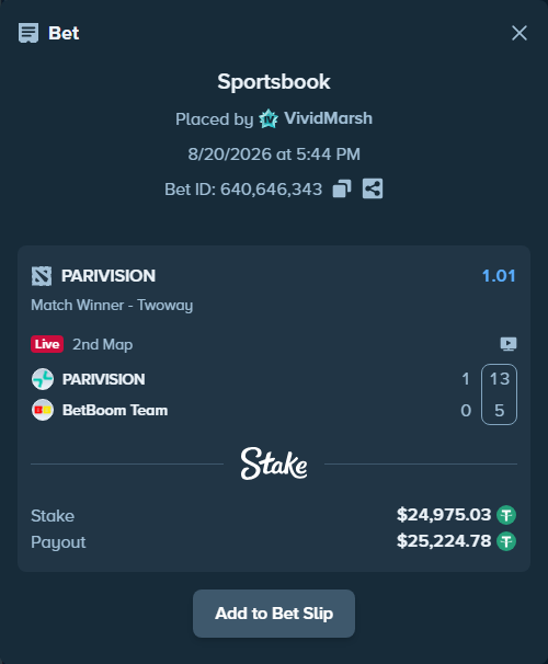 Bet slip: PARIVISION - BetBoom Team, $25,000.00 stake at 1.01 odds, placed by VividMarsh