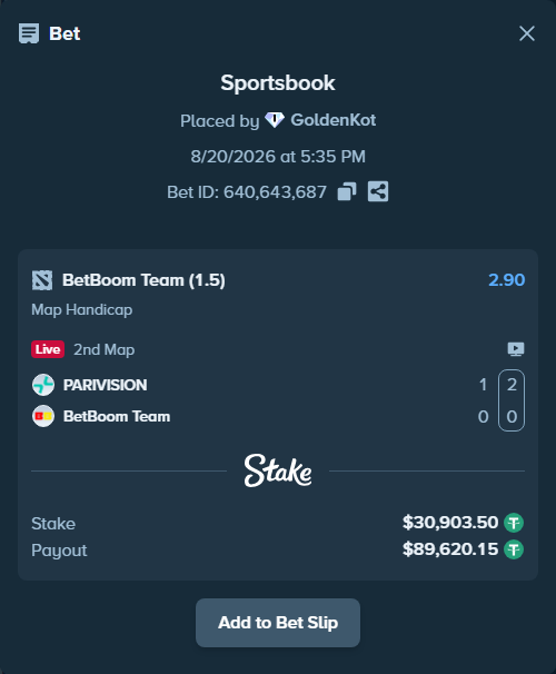 Bet slip: PARIVISION - BetBoom Team, $30,934.40 stake at 2.90 odds, placed by GoldenKot