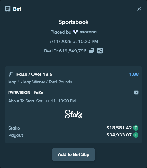 Bet slip: PARIVISION - FaZe, $18,600.00 stake at 1.88 odds, placed by oxorona