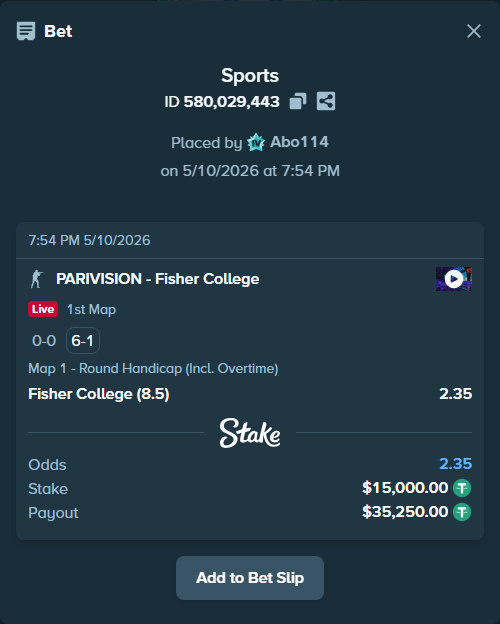 Bet slip: PARIVISION - Fisher College, $15,000.00 stake at 2.35 odds, placed by Abo114