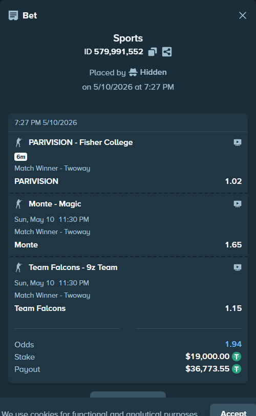 Bet slip: PARIVISION - Fisher College, $19,000.00 stake at 1.02 odds, placed by Hidden