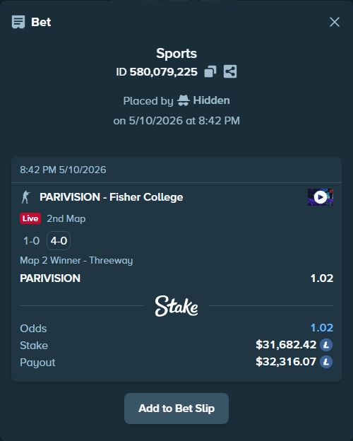 Bet slip: PARIVISION - Fisher College, $24,098.97 stake at 1.02 odds, placed by Hidden