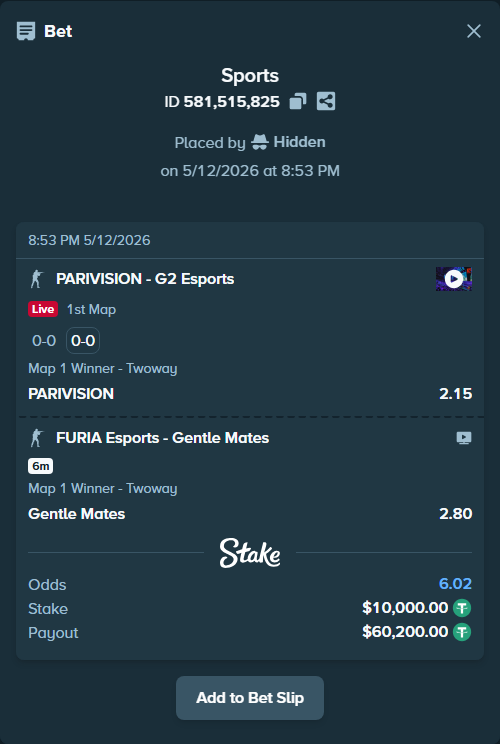 Bet slip: PARIVISION - G2 Esports, $10,000.00 stake at 2.15 odds, placed by Hidden