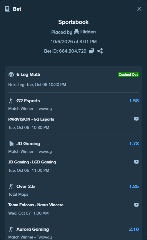 Bet slip: PARIVISION - G2 Esports, $30,150.00 stake at 1.58 odds, placed by Hidden