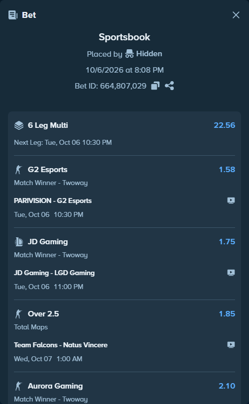 Bet slip: PARIVISION - G2 Esports, $30,150.00 stake at 1.58 odds, placed by Hidden