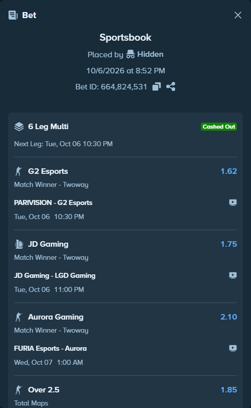 Bet slip: PARIVISION - G2 Esports, $30,240.00 stake at 1.62 odds, placed by Hidden