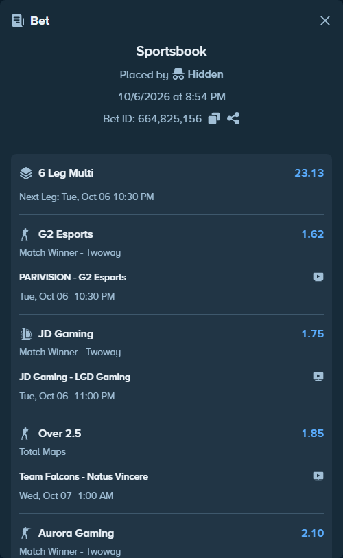 Bet slip: PARIVISION - G2 Esports, $30,240.00 stake at 1.62 odds, placed by Hidden