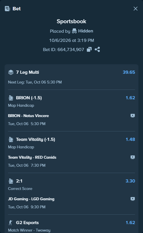 Bet slip: PARIVISION - G2 Esports, $37,275.30 stake at 1.62 odds, placed by Hidden