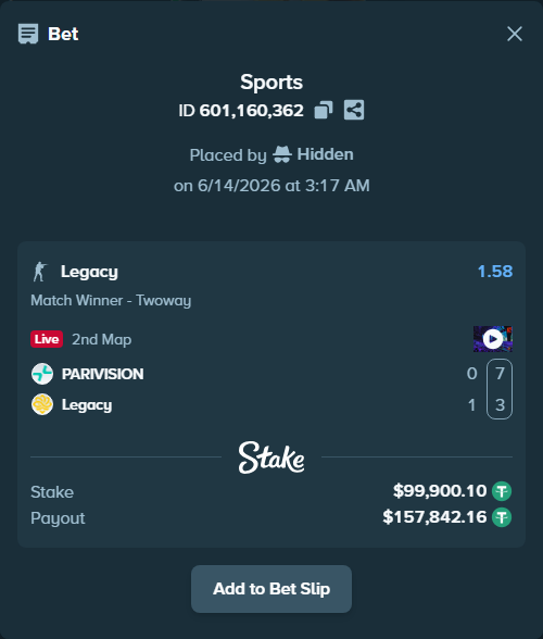 Bet slip: PARIVISION - Legacy, $100,000.00 stake at 1.58 odds, placed by Hidden
