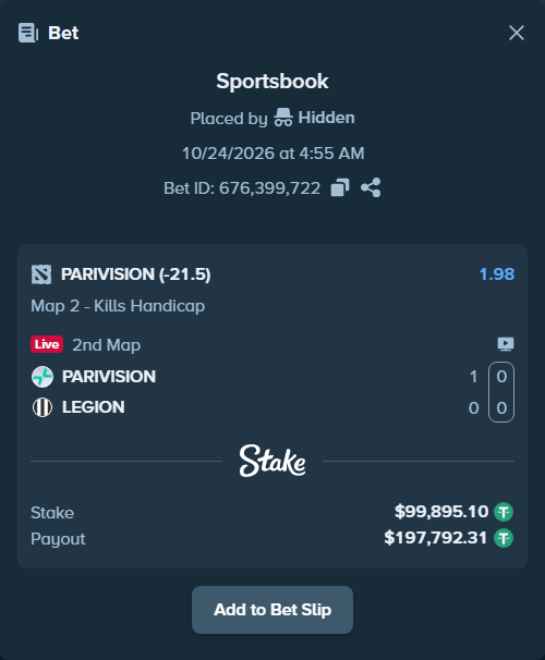 Bet slip: PARIVISION - LEGION, $99,995.00 stake at 1.98 odds, placed by ptb2010