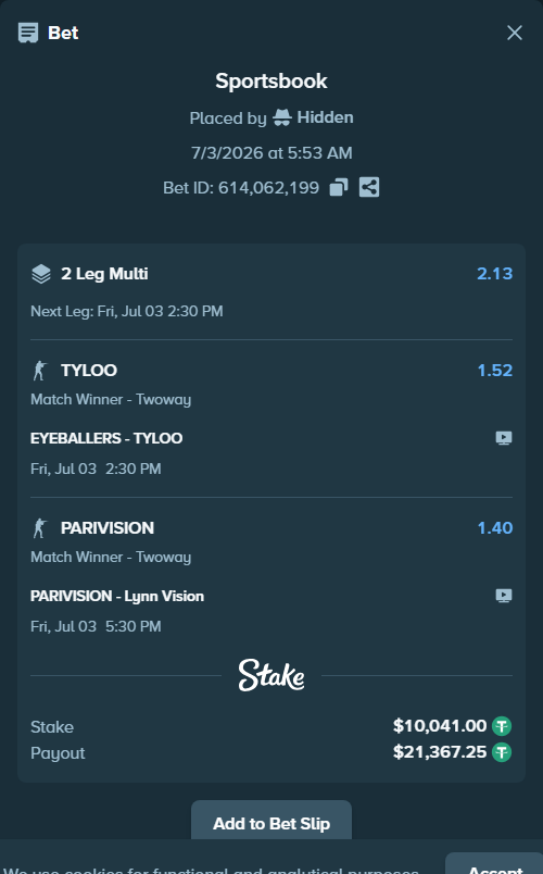 Bet slip: PARIVISION - Lynn Vision, $10,051.04 stake at 1.40 odds, placed by Kvons