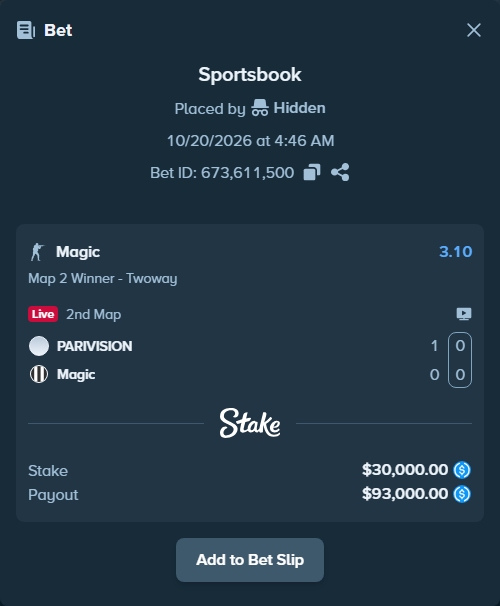 Bet slip: PARIVISION - Magic, $30,000.00 stake at 3.10 odds, placed by Hidden