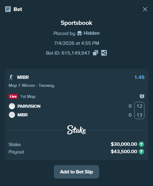 Bet slip: PARIVISION - MIBR, $30,030.00 stake at 1.45 odds, placed by Hidden