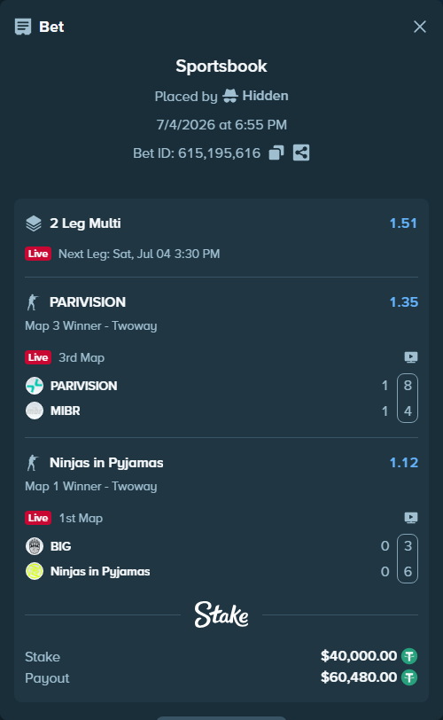 Bet slip: PARIVISION - MIBR, $40,040.00 stake at 1.35 odds, placed by Hidden