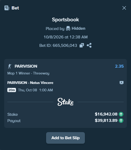 Bet slip: PARIVISION - Natus Vincere, $16,937.00 stake at 2.35 odds, placed by Vovkyaa