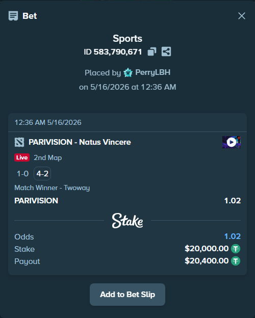 Bet slip: PARIVISION - Natus Vincere, $20,000.00 stake at 1.02 odds, placed by PerryLBH