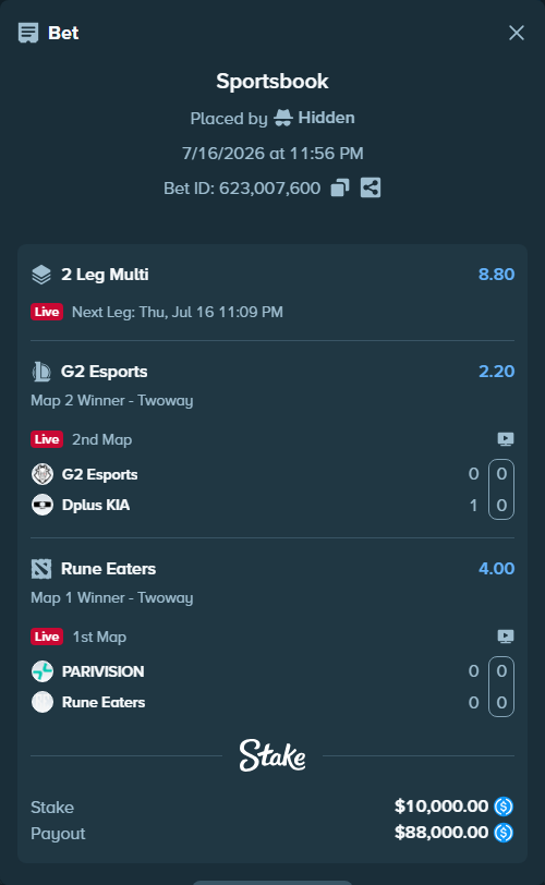 Bet slip: PARIVISION - Rune Eaters, $10,000.00 stake at 4.00 odds, placed by Hidden