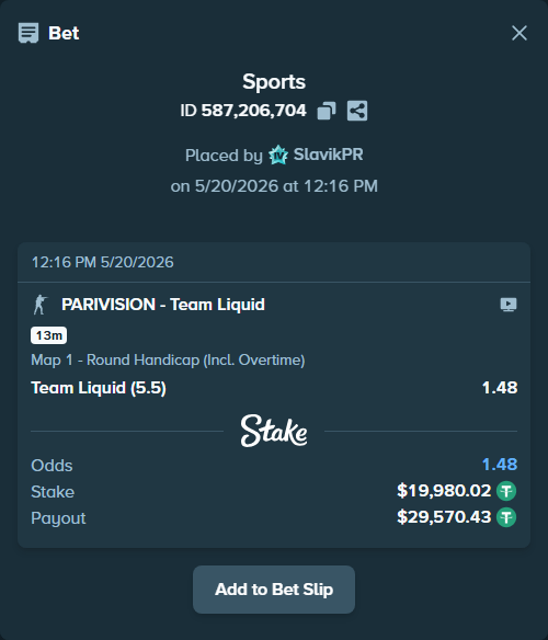 Bet slip: PARIVISION - Team Liquid, $20,000.00 stake at 1.48 odds, placed by SlavikPR