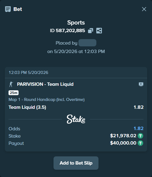 Bet slip: PARIVISION - Team Liquid, $22,000.00 stake at 1.82 odds, placed by SlavikPR