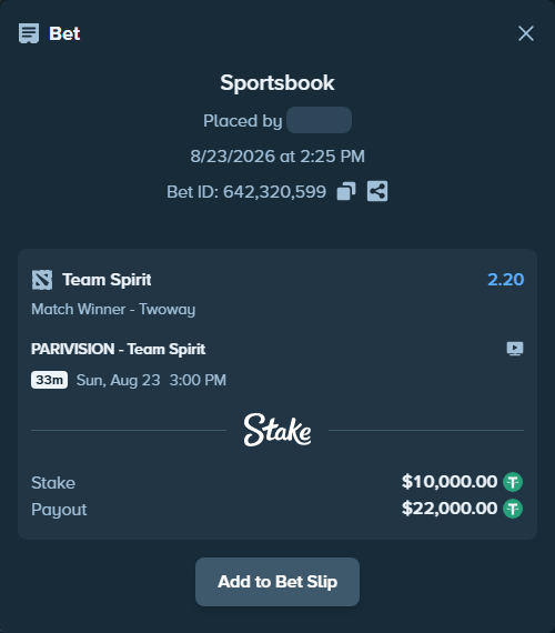 Bet slip: PARIVISION - Team Spirit, $10,000.00 stake at 2.20 odds, placed by ne0tlozhka