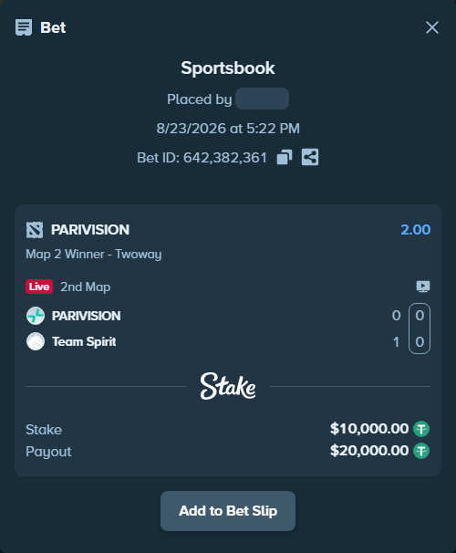 Bet slip: PARIVISION - Team Spirit, $10,000.00 stake at 2.00 odds, placed by 2marmot9
