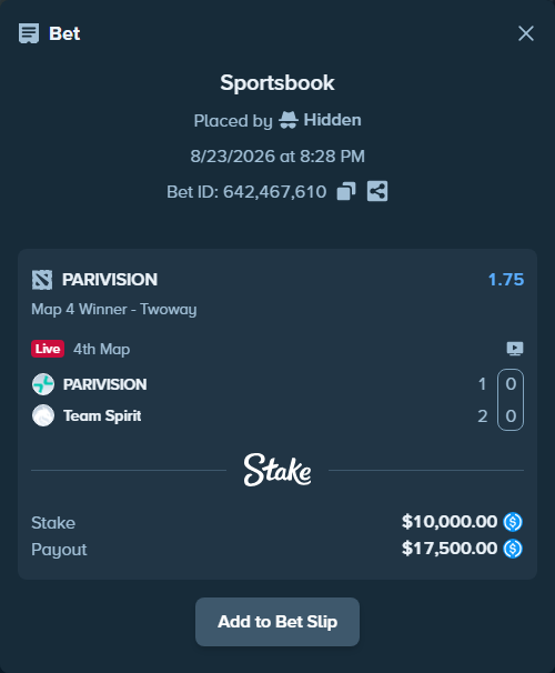 Bet slip: PARIVISION - Team Spirit, $10,000.00 stake at 1.75 odds, placed by Hidden