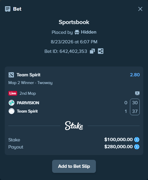Bet slip: PARIVISION - Team Spirit, $100,000.00 stake at 2.80 odds, placed by Hidden