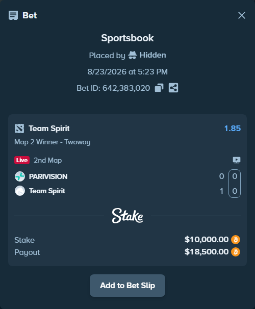 Bet slip: PARIVISION - Team Spirit, $10,153.25 stake at 1.85 odds, placed by Hidden