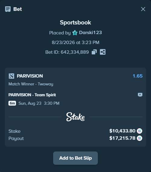 Bet slip: PARIVISION - Team Spirit, $10,853.91 stake at 1.65 odds, placed by Darski123