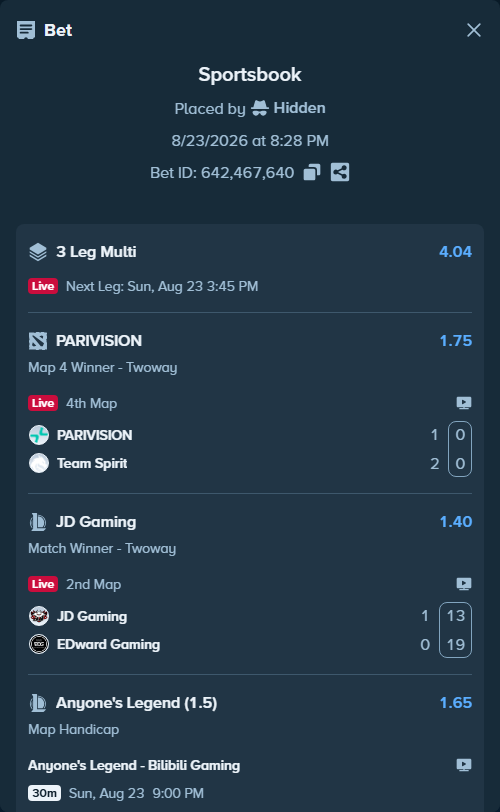 Bet slip: PARIVISION - Team Spirit, $107,054.59 stake at 1.75 odds, placed by Hidden