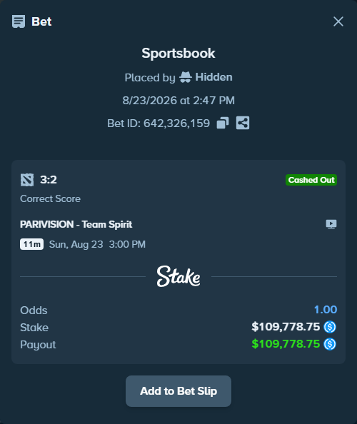Bet slip: PARIVISION - Team Spirit, $109,778.75 stake at 4.00 odds, placed by Hidden