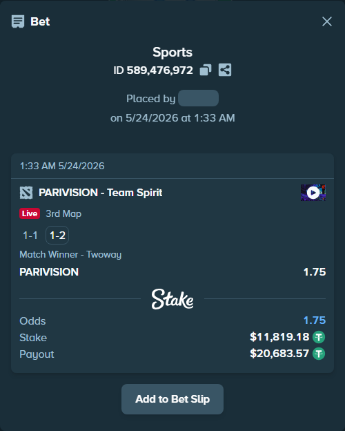 Bet slip: PARIVISION - Team Spirit, $11,831.00 stake at 1.75 odds, placed by antoniku
