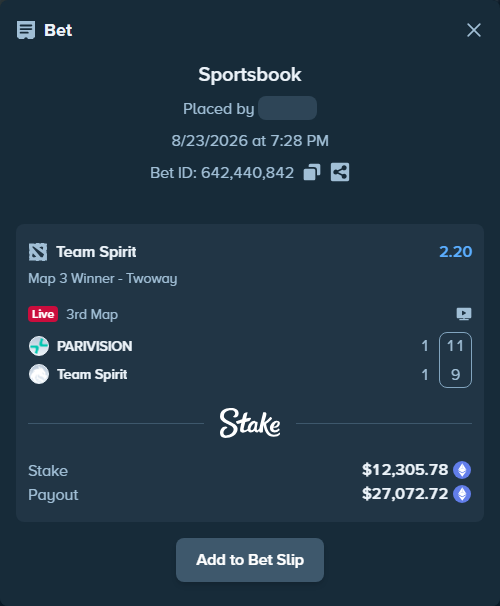 Bet slip: PARIVISION - Team Spirit, $12,393.24 stake at 2.20 odds, placed by SupPrime